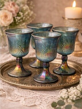 Vintage Blue Carnival Glass Goblets Set of 4 Grape Pattern Iridescent